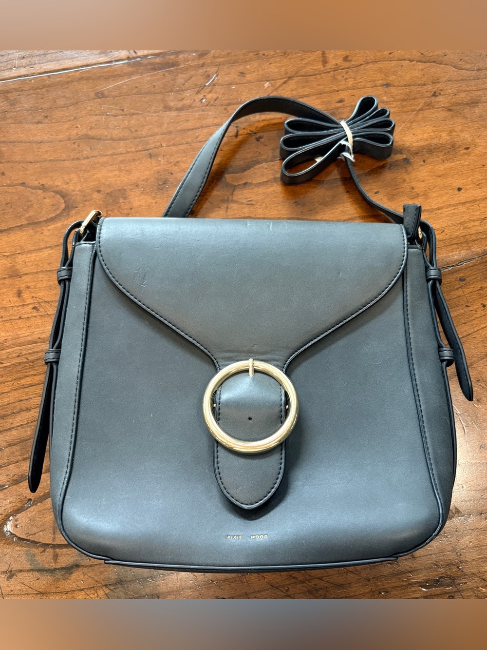 Pixie Mood Scarlette Crossbody Bag Dark Gray Vegan Gold O-Ring Buckle Flap